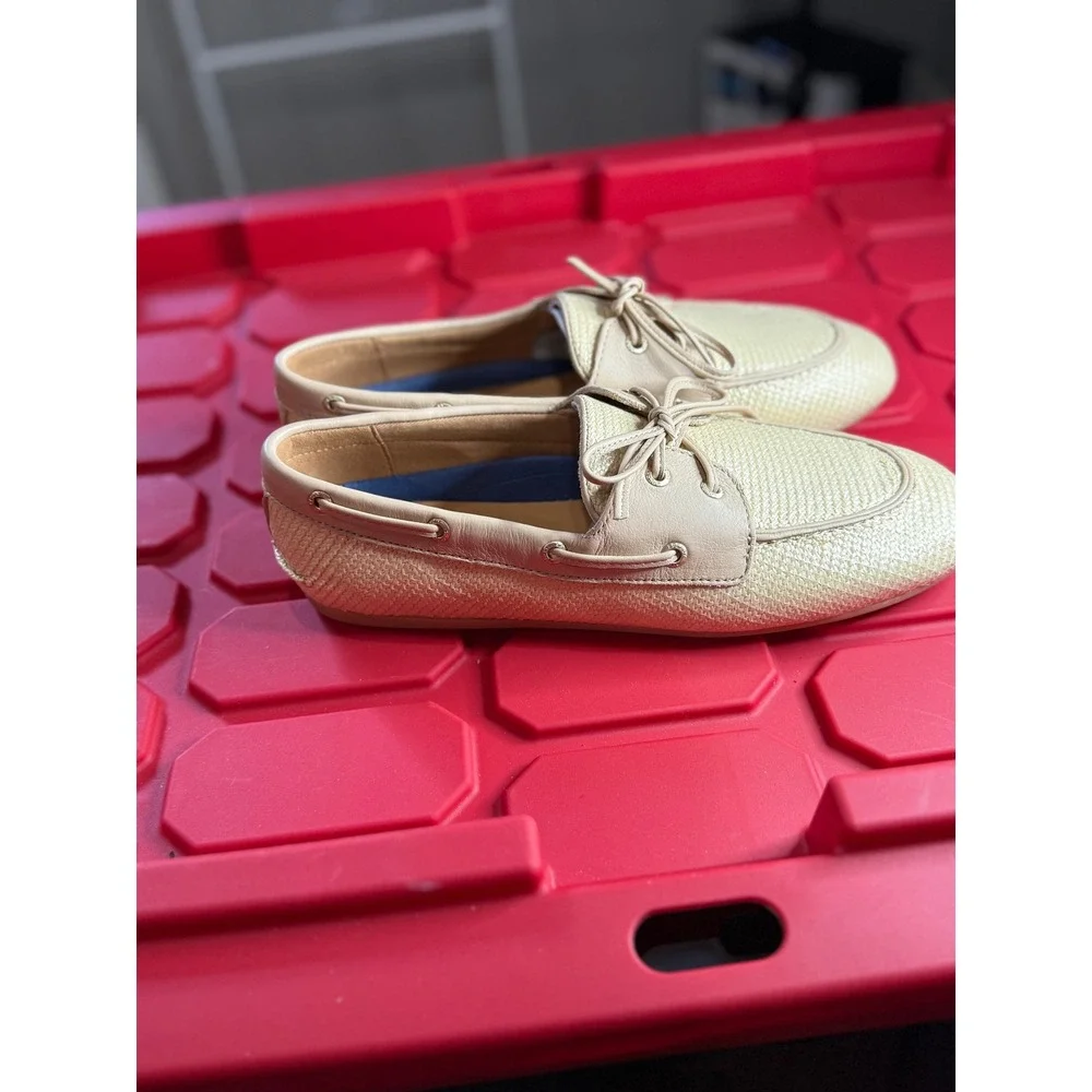 Sperry Slimboat Beige Raffia Leather Trim Boat Shoes Womens 8.5 Coastal Preppy